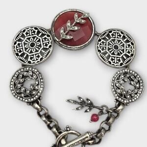 Lucky Brand Red Stone Medallion Bracelet – Rustic Boho Silver Tone
